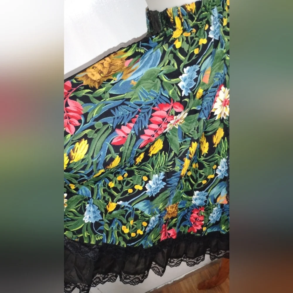 Vintage Black Floral A-Line Skirt with Pink, Yellow & Blue Flowers - Picture 3 of 7